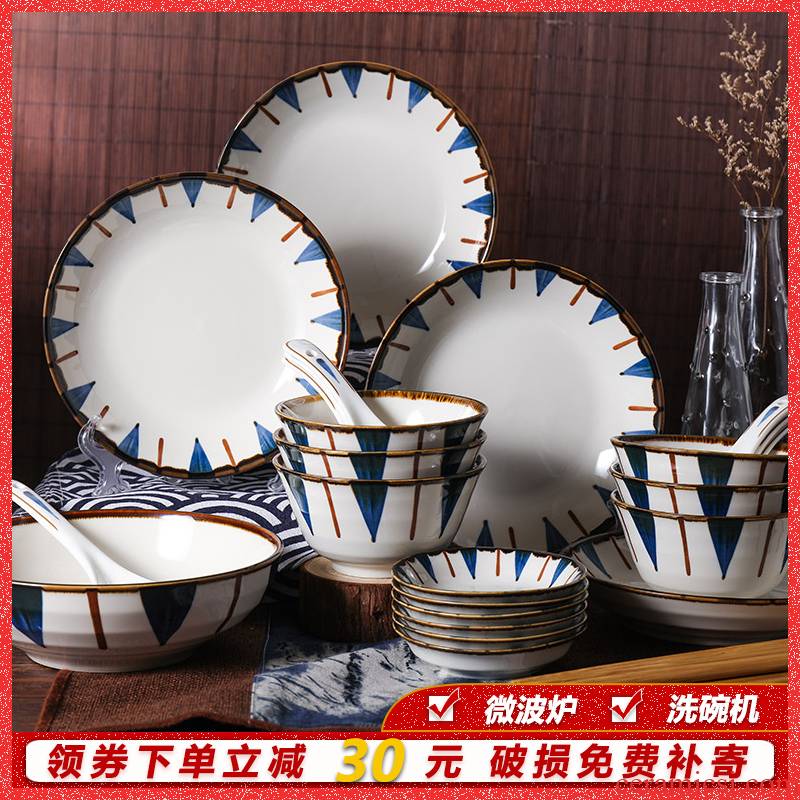 Song of sakura, household Japanese - style tableware suit to use combination meals contracted under the glaze made pottery bowls blue love
