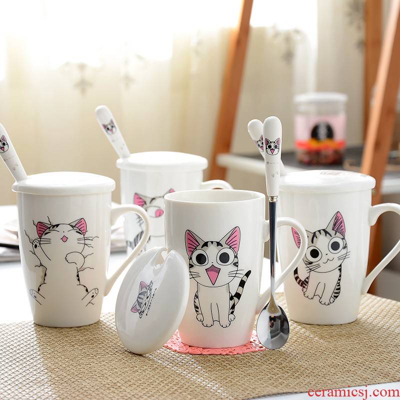 Cheese cat cartoon express it in ceramic cup private ceramic cups with cover creative keller with spoon, milk