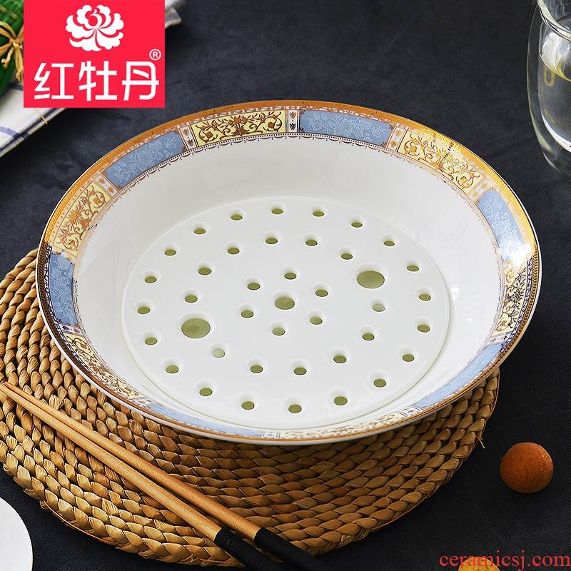 Red peony tangshan dumplings plate household creative ceramic ipads China tableware double drop large round dumplings plate