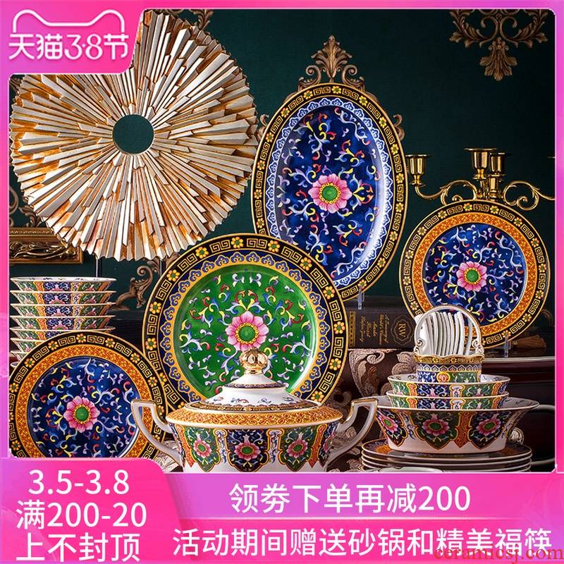 High - grade 60 skull jingdezhen porcelain tableware suit European colored enamel household portfolio pottery and porcelain bowl dish dish sets