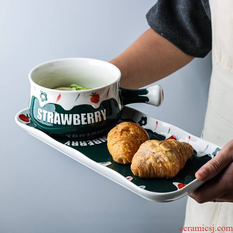 S, lovely strawberry anaglyph ceramic one food tableware suit handle bowl with the bowl of oatmeal for breakfast dessert bowls