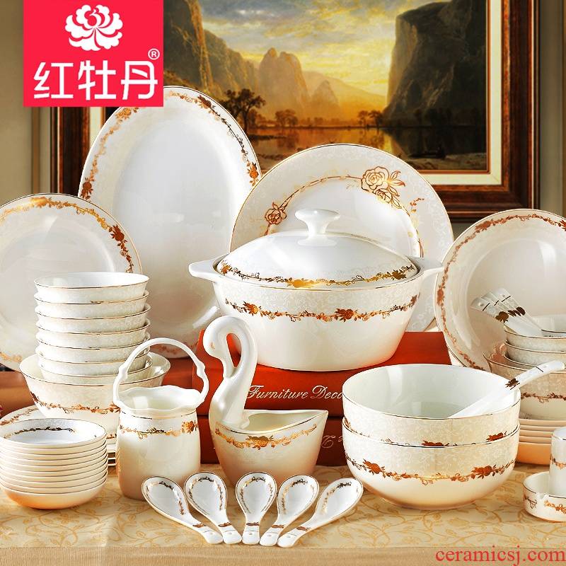 Red peony ipads porcelain tableware suit dishes suit European household wedding gifts creative ceramic bowl dish plate