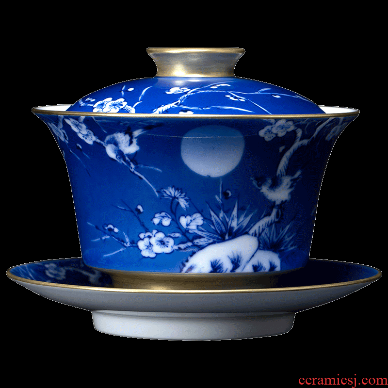 Jingdezhen blue and white painting of flowers and tea tureen hand - made ceramic tea tureen large bowl of kung fu tea set three tureen