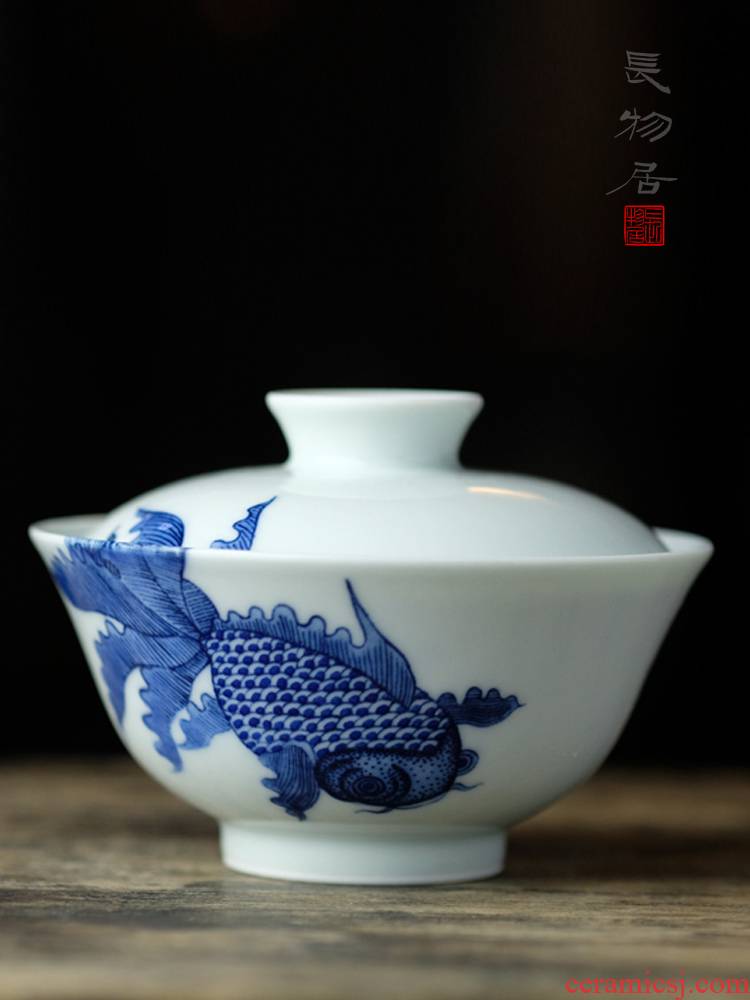 Offered home - cooked at taste of prosperity only three tureen of jingdezhen blue and white goldfish hand - made ceramic tea bowl cups