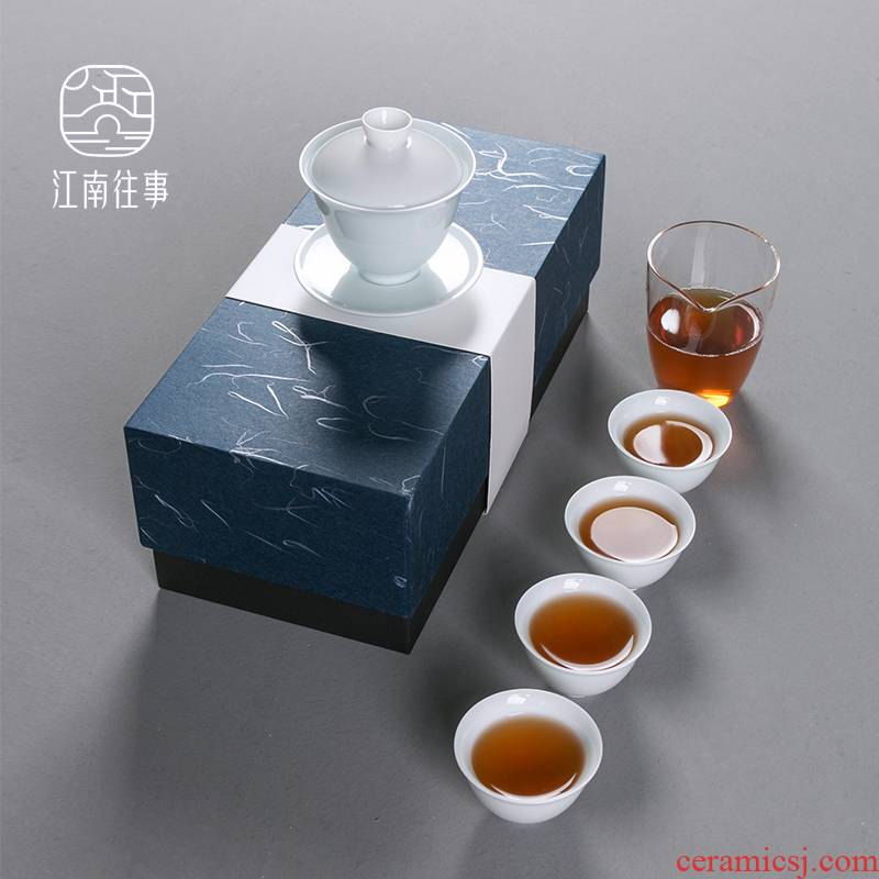 Jiangnan kung fu tea sweet white past 4 tureen suit ceramic tea art home tea cups is suing the set
