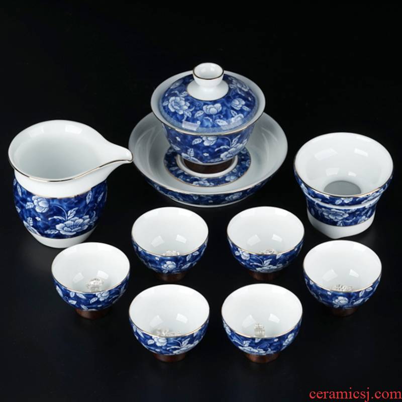 Blue and white porcelain tea set suit household kung fu of a complete set of tea cups of I and contracted office little teapot outfit