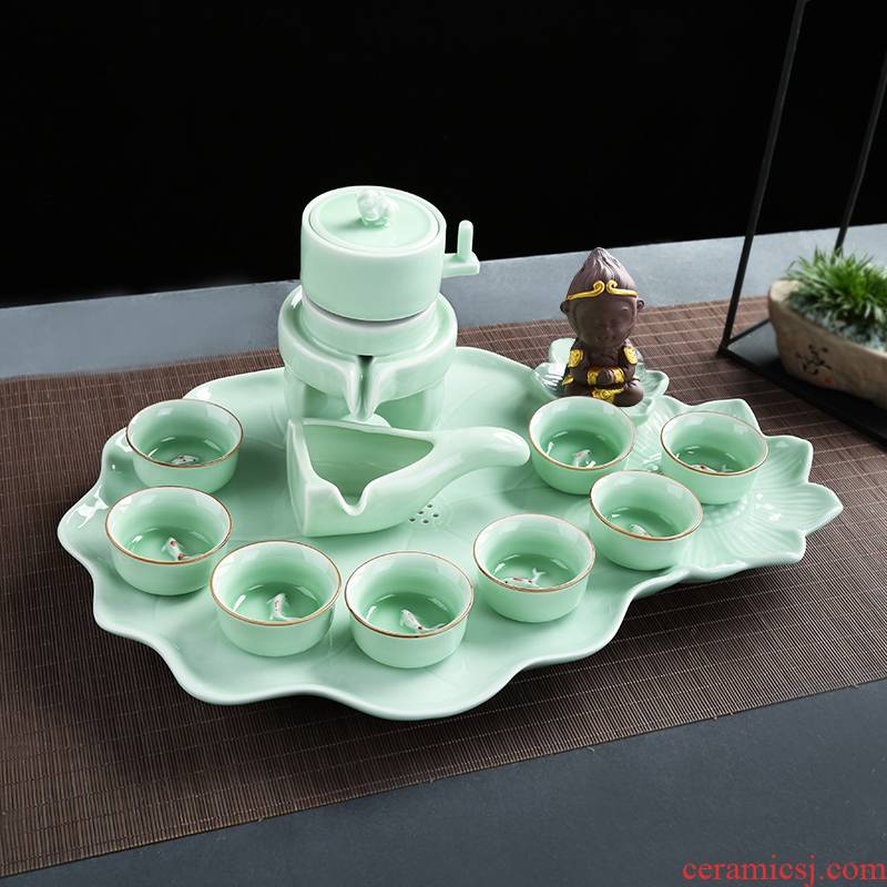 Automatic tea tea set suit household ceramics lazy rotation with celadon teapot tea tray CPU simple gifts