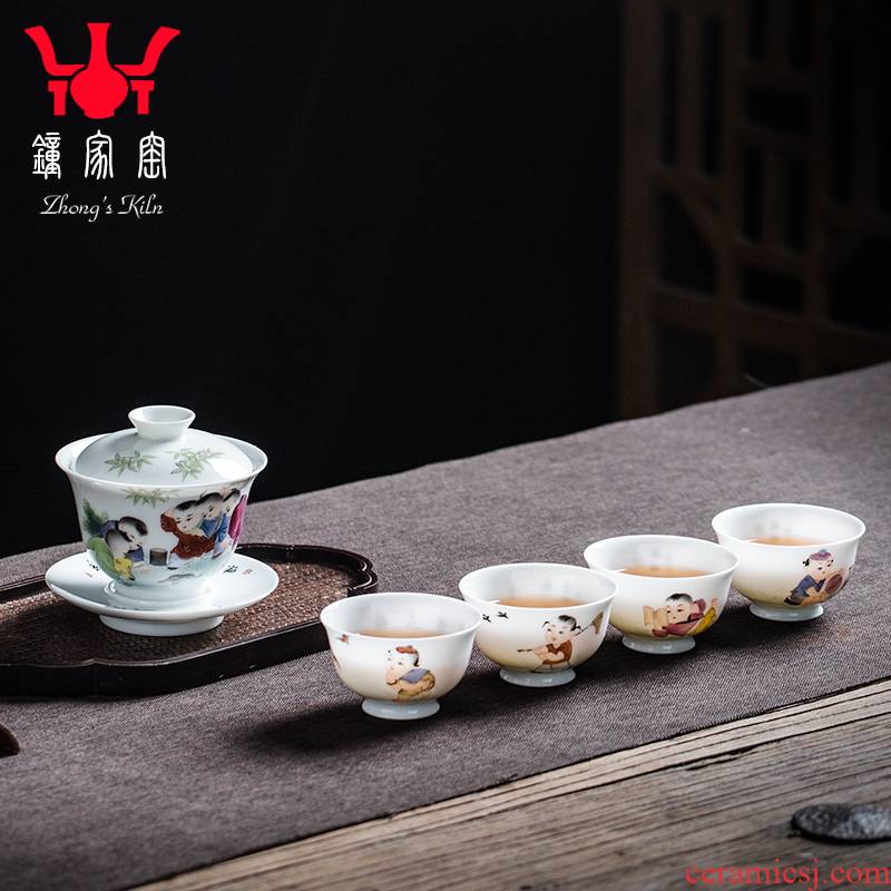 Clock at jingdezhen up enamel kung fu tea set hand - made tong qu tea tea tureen of a complete set of tea cups