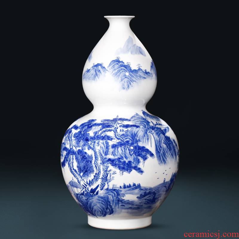 Jingdezhen ceramics landing large Chinese blue and white porcelain bottle gourd vase sitting room feng shui decorations furnishing articles