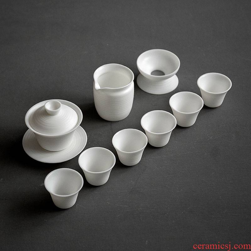Jun ware dehua white porcelain kung fu tea set hand lines tureen manual suit household contracted tea cups