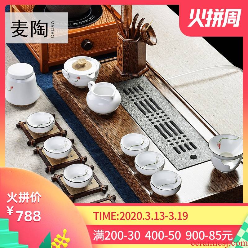 MaiTao chicken wings wood sharply stone solid wood tea tray tea set suit household hand draw a complete set of kung fu tea set a pot of six glasses