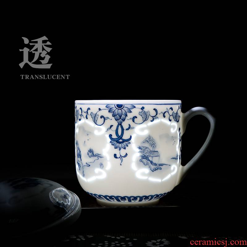 The View of song dynasty jingdezhen blue and white and exquisite hand - made Windows landscape glass ceramic with cover separation high - end) a cup of tea