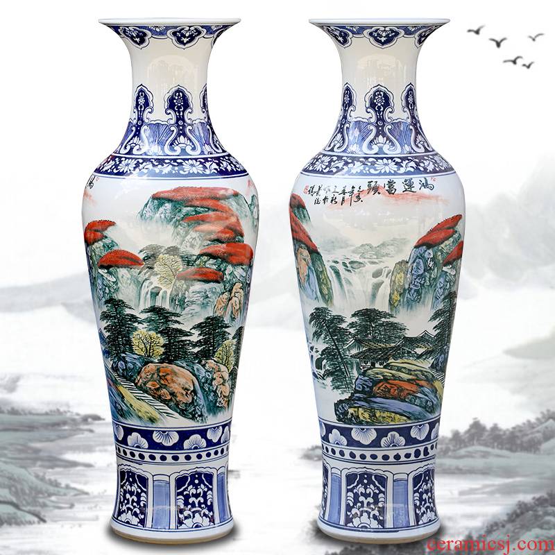 Jingdezhen ceramic hand - made luck landscape painting big vase household living room floor furnishing articles opening gifts
