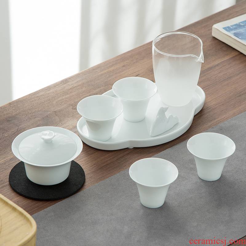 Zhuo royal white porcelain kung fu tea set ceramic glass tureen tea tray tea cups office household contracted a small set of sea