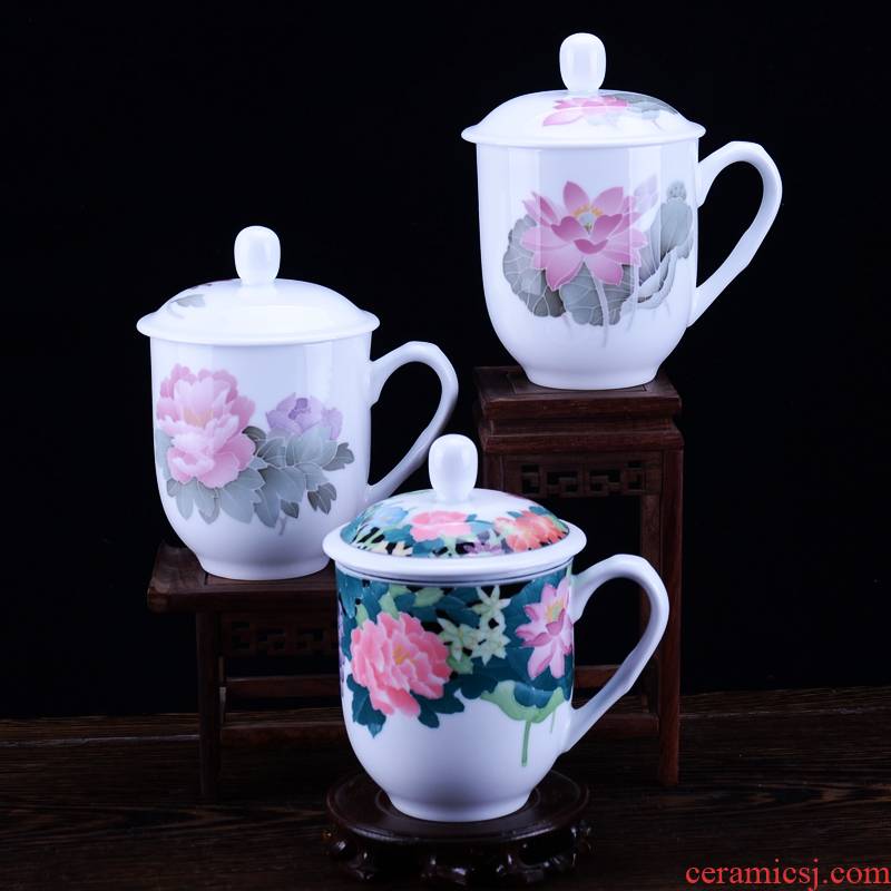 Under the liling glaze colorful porcelain teacup boss cup peony lotus flower peony high - capacity porcelain souvenirs and meeting