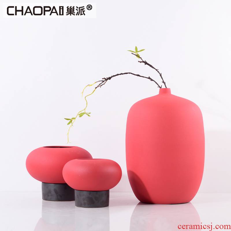 During the Spring Festival red vase three - piece furnishing articles between example ceramic flower arranging flower implement creative home soft decoration