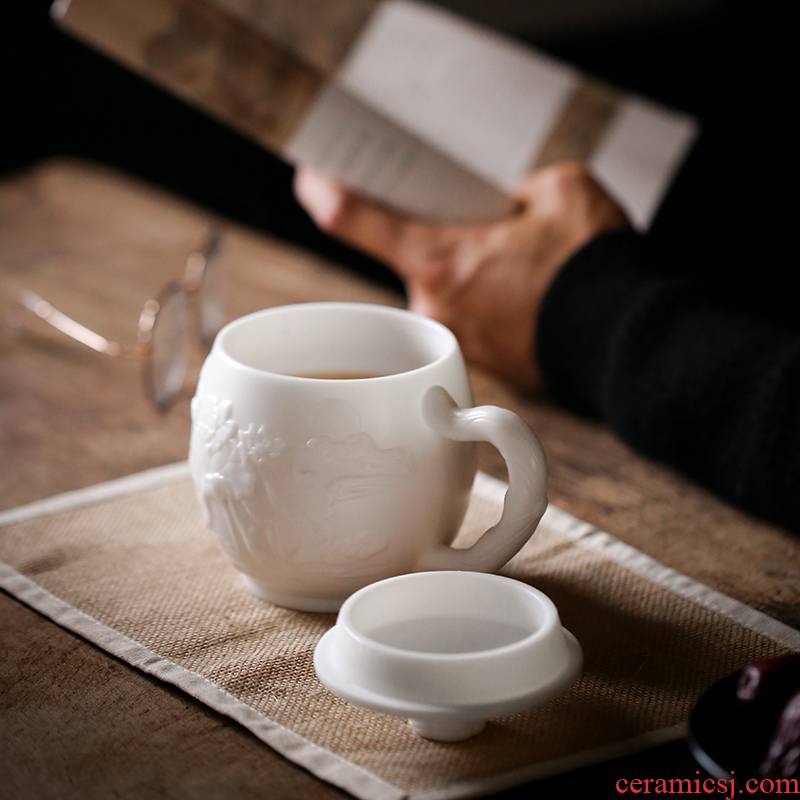 True sheng jade suet white porcelain relief office of the high - end boss cup cup personal ceramic tea cup cup gift mugs