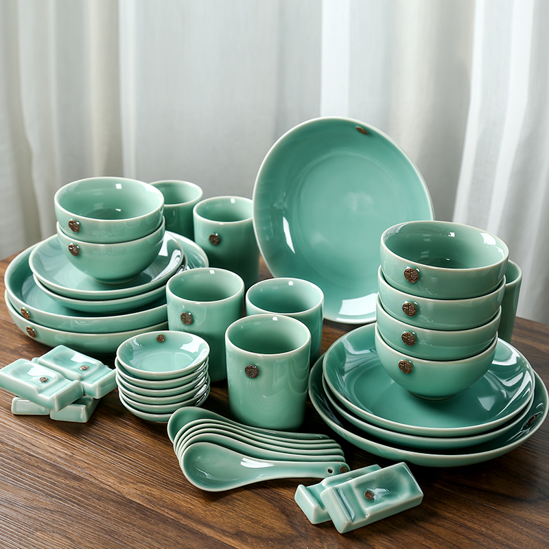 Longquan celadon dishes suit household composite ceramic tableware high - grade suit contracted rice bowls of blue and white porcelain plate