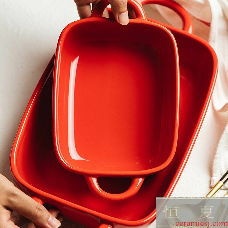 Red ears baked cheese paella roasted bowl pan ceramic oven with a rectangle with creative new
