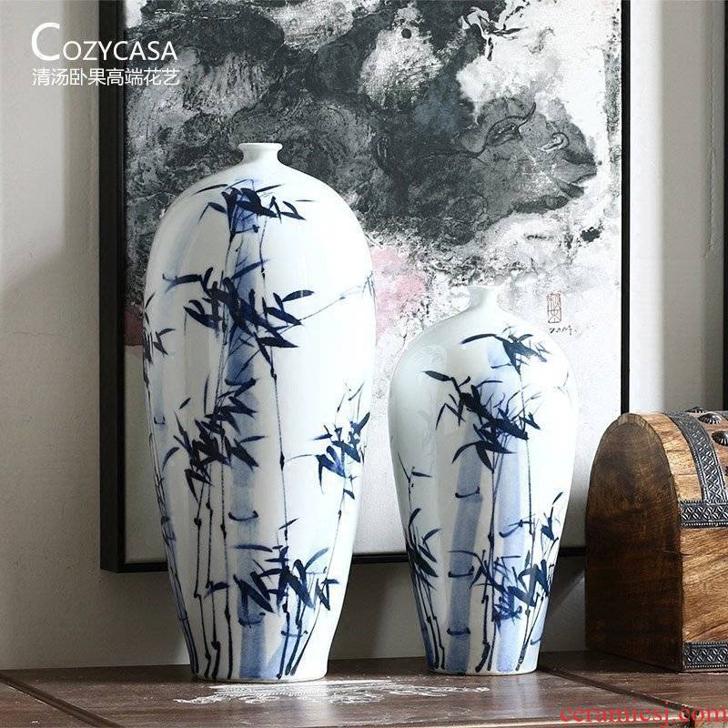 Hand - made bamboo blue and white porcelain vases, new Chinese style beauty shoulder the sitting room is the study of jingdezhen ceramic vase is placed flowers