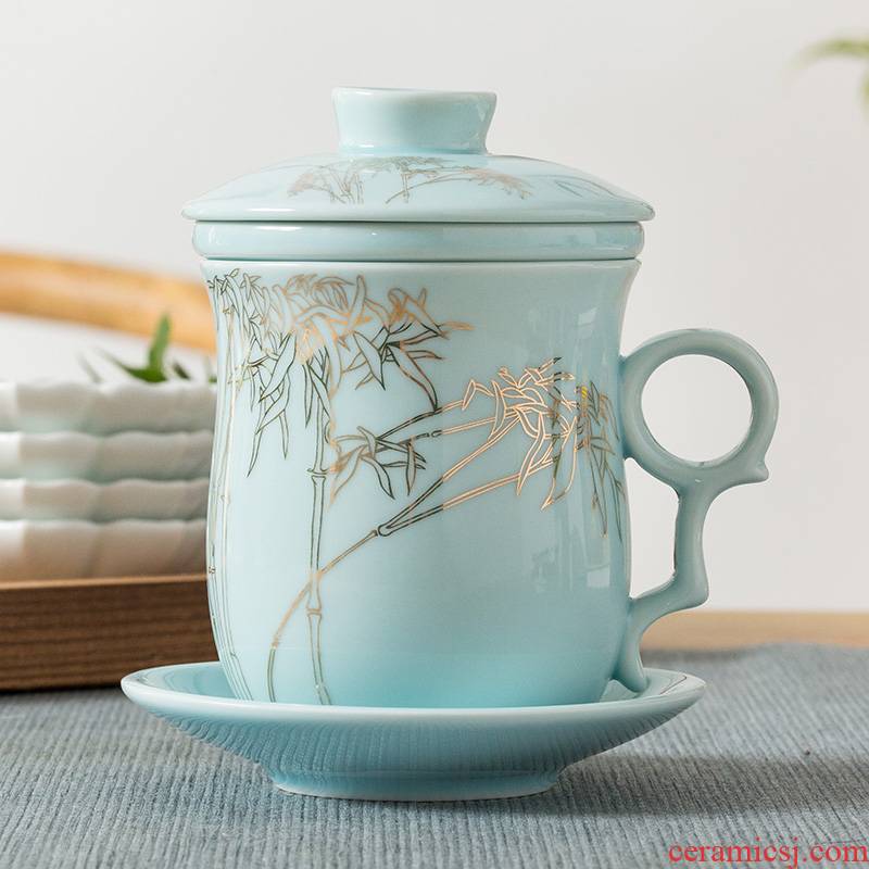 Jingdezhen ceramic filter with cover celadon make tea cup glass office cup personal cup home drinking tea cup set