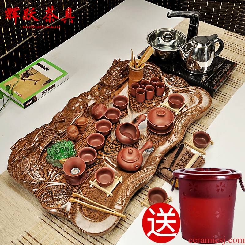 Hui, make tea sets purple kung fu tea set a complete set of ceramic science and technology, wood tea tray was four one household electric magnetic furnace