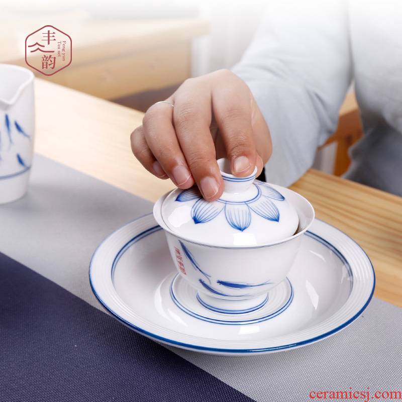 Dehua white porcelain thin foetus tureen large ceramic teacups hand - made three bowl of individual household kung fu tea tea bowl