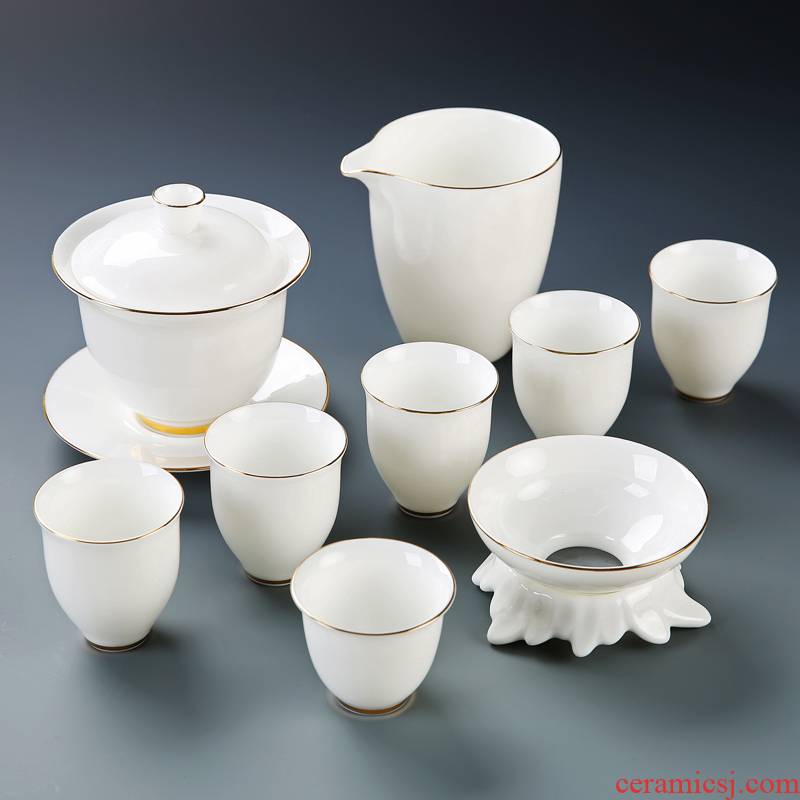Suet jade porcelain kung fu tea set suit household custom cups of tea desk tray dehua white porcelain tureen teapot gift boxes