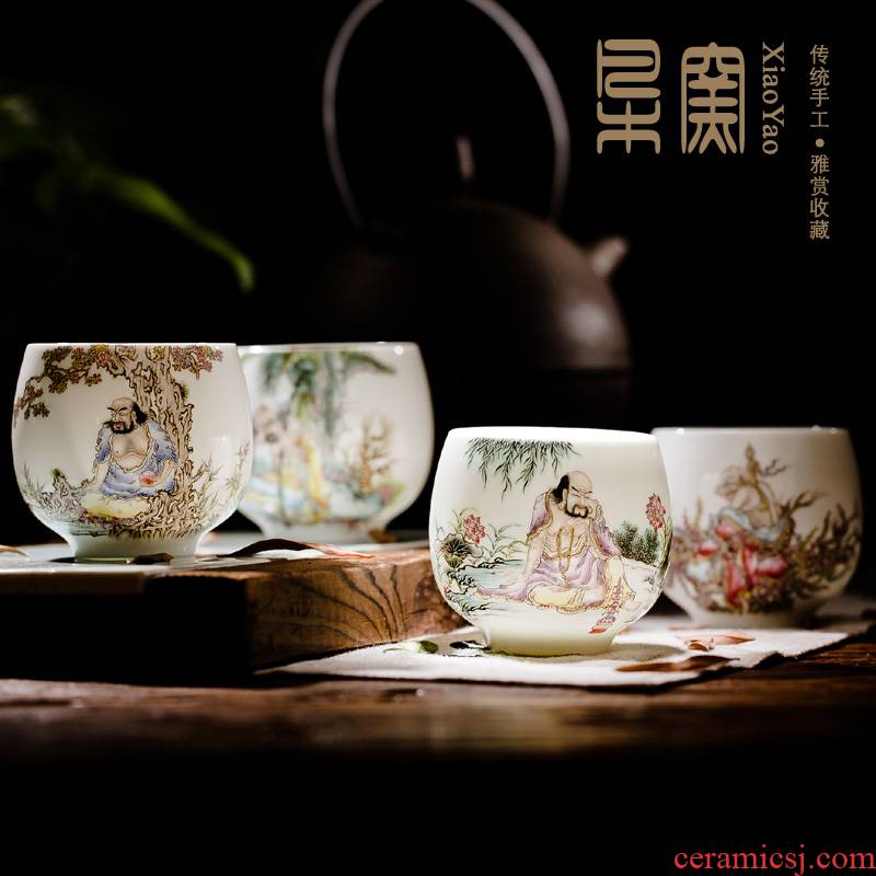 The Owl up jingdezhen four cups of tea set fine powder enamel painting characters ocean 's cup tea cup kung fu tea cups