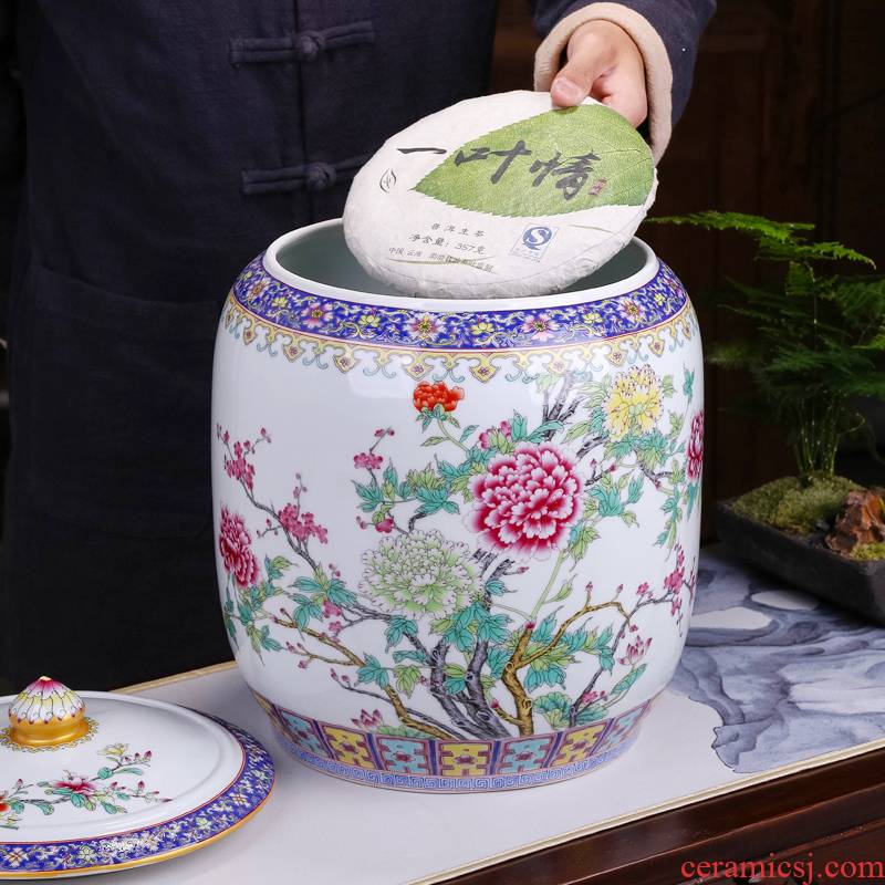 Jingdezhen pastel caddy fixings seal pot large 5 jins of household ceramic tea urn 10 puer tea cake storage tanks