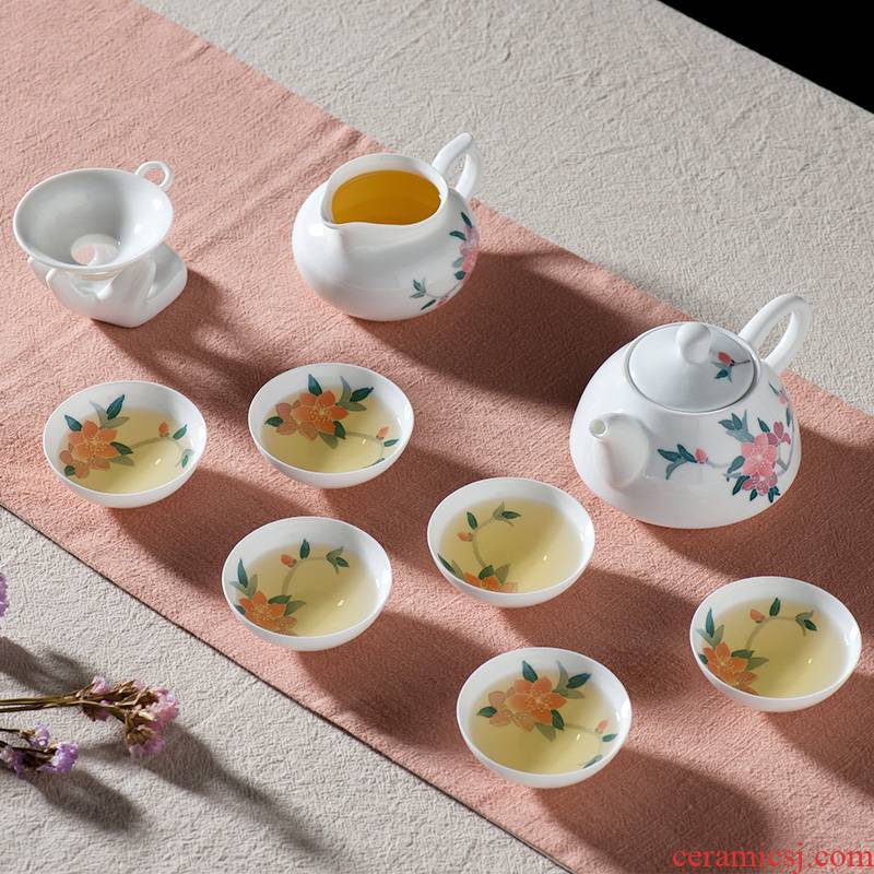 Thousands of red up liling porcelain ceramic hand - made kungfu peach blossom put tea set household contracted gift set a complete set of tea sets