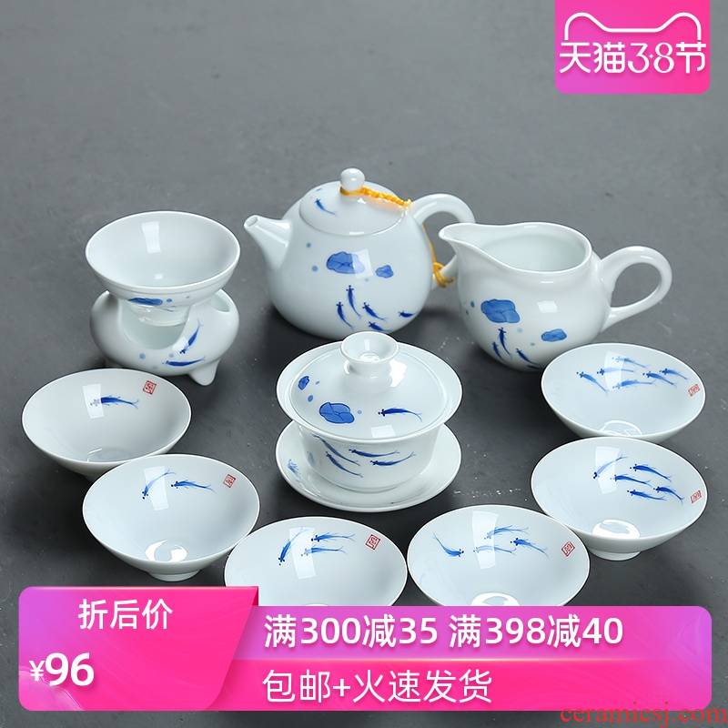 Poly real (sheng painting fish blue and white porcelain ceramic kung fu tea set suit white porcelain painting of a complete set of household tureen tea cup