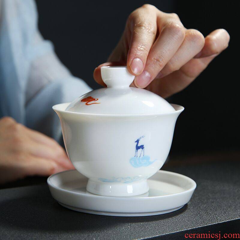 Tureen dehua white porcelain ceramic cups kung fu tea bowl to bowl three large household cup tea set