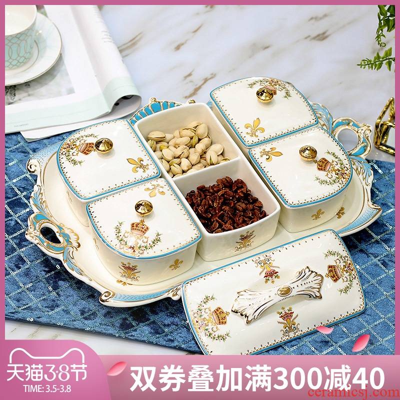 European ceramic dry fruit tray frame with cover candy dish snack dish sitting room tea table decoration furnishing articles of fruit tray