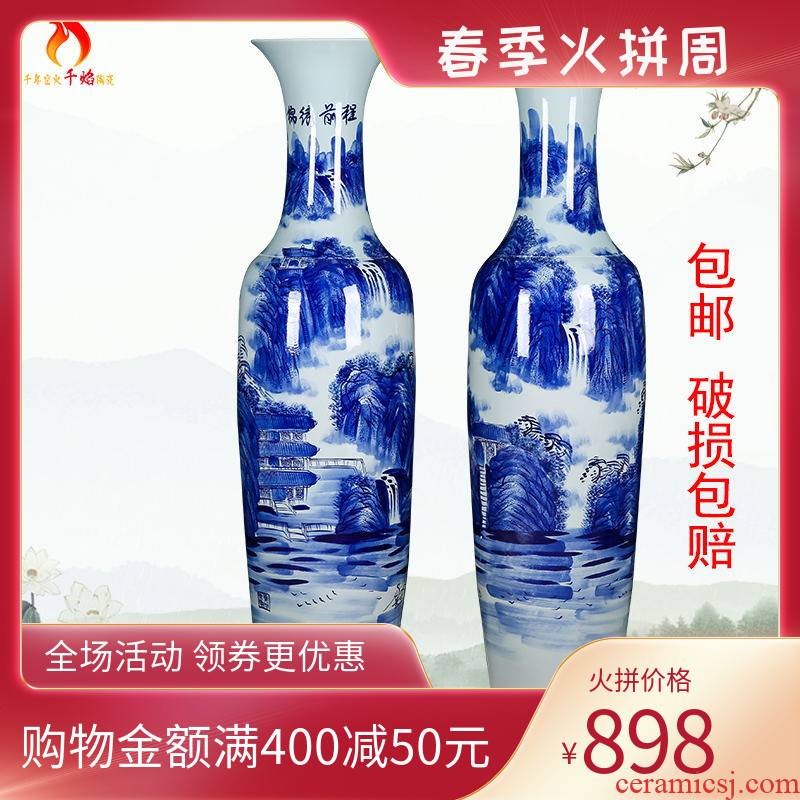 Thousands of flame jingdezhen ceramics of large hand blue and white porcelain vase landscape bright future for the opening place hotel