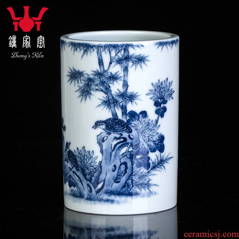 Blue and white bamboo brush pot clock home up furnishing articles of jingdezhen ceramic hand - made report peaceful Chinese wind four supplies decoration