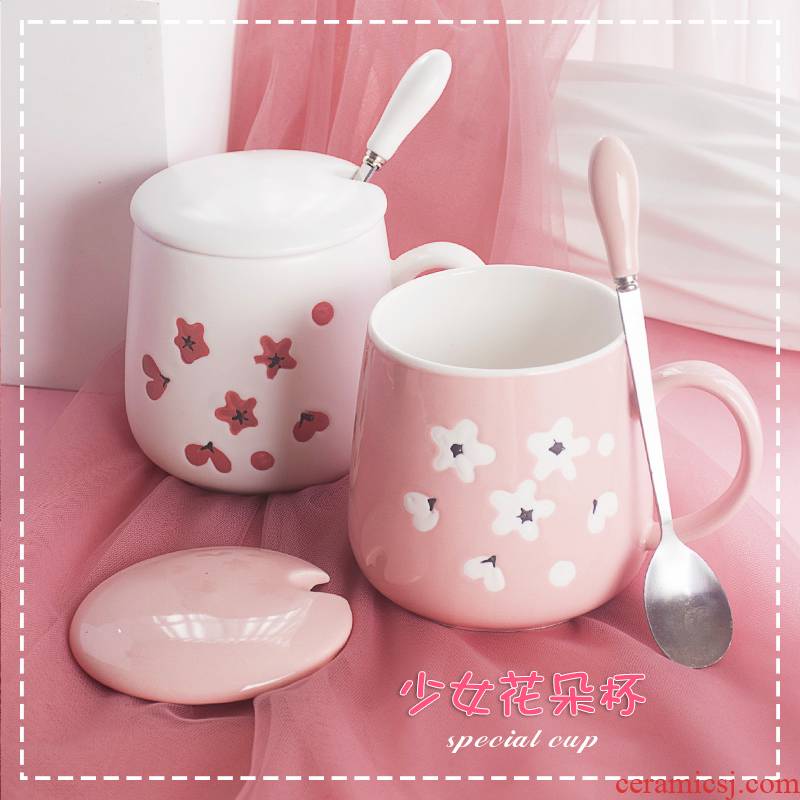 Japanese cherry blossom put ultimately responds cup individuality creative trend ceramic keller with cover girl mood picking coffee cup