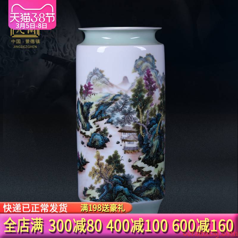 Jingdezhen ceramics green glaze landscape painting and calligraphy cylinder quiver scroll cylinder large vases, study of office furnishing articles