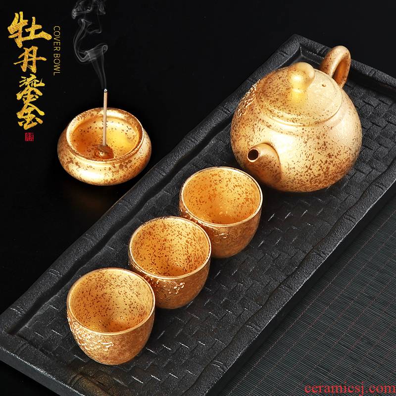 High - grade kung fu tea set a pot of three cups of a complete set of fine gold ceramic teapot key-2 luxury with censer Chinese tea set