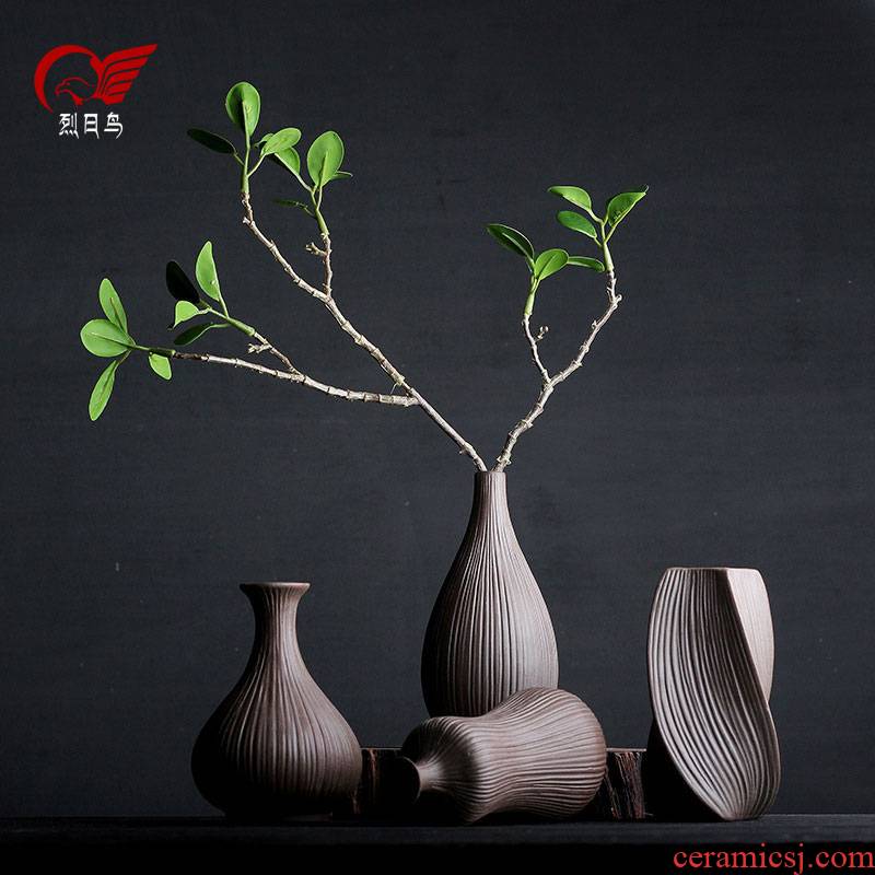 Sun bird coarse pottery vase zen Chinese vase retro flower, dried flower bottle flower art pottery vase furnishing articles