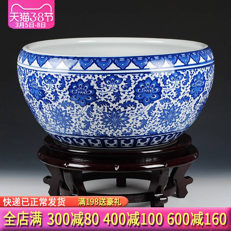 Blue and white porcelain of jingdezhen ceramics shallow daikin tank cylinder water lily tortoise refers to flower pot furnishing articles oversized