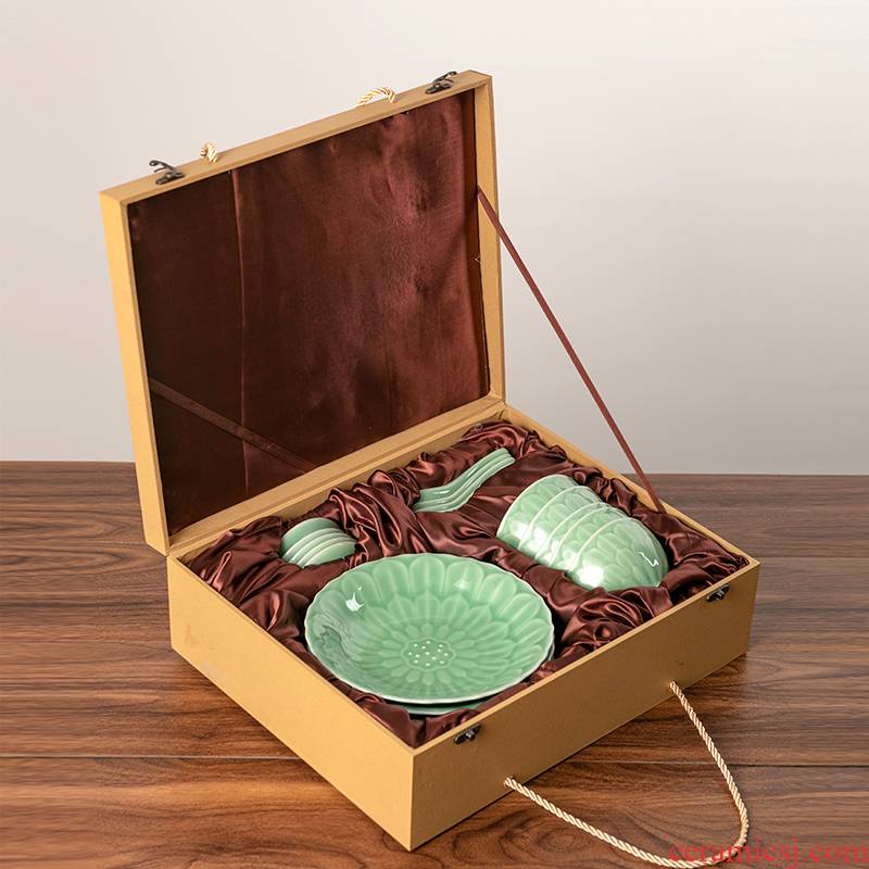 Longquan celadon cutlery set five small set of creative household of Chinese style tableware lotus root grain bowls run the dishes with a gift