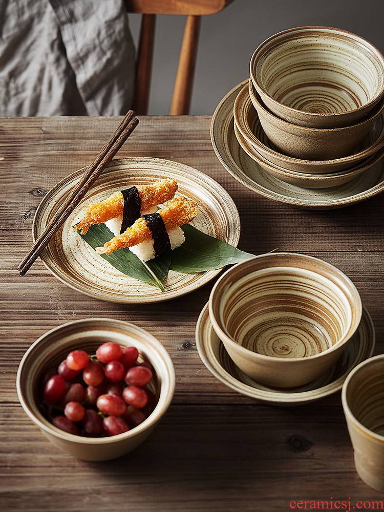 Creative Japanese retro coarse pottery breakfast dishes suit household ceramics tableware individuality oatmeal bowl of breakfast cup characteristics
