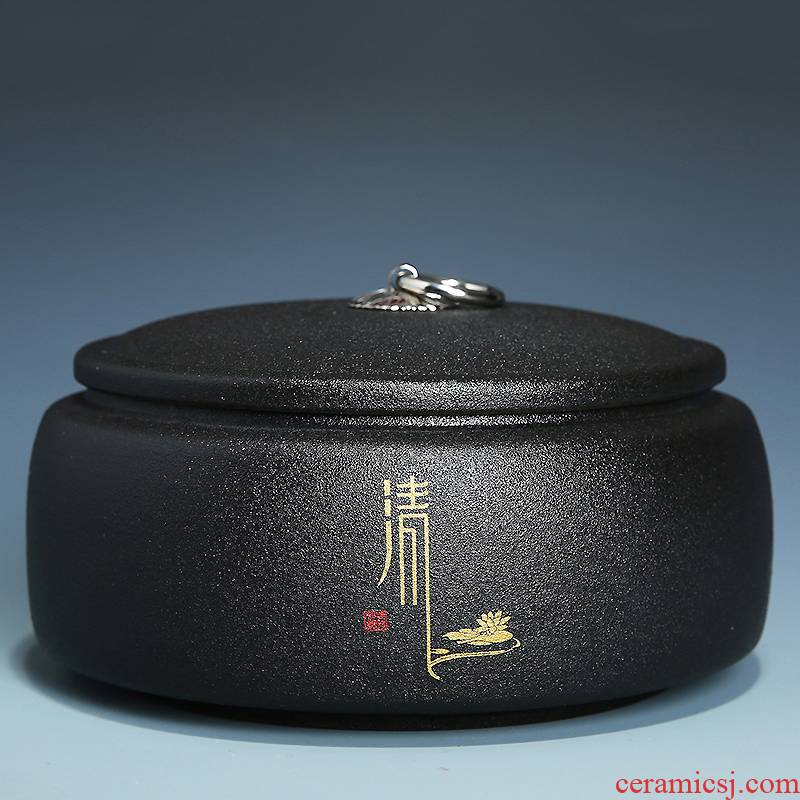 Retro black pottery caddy fixings ceramic seal storage tank coarse TaoChan pu 'er tea to wake wind receives parts size