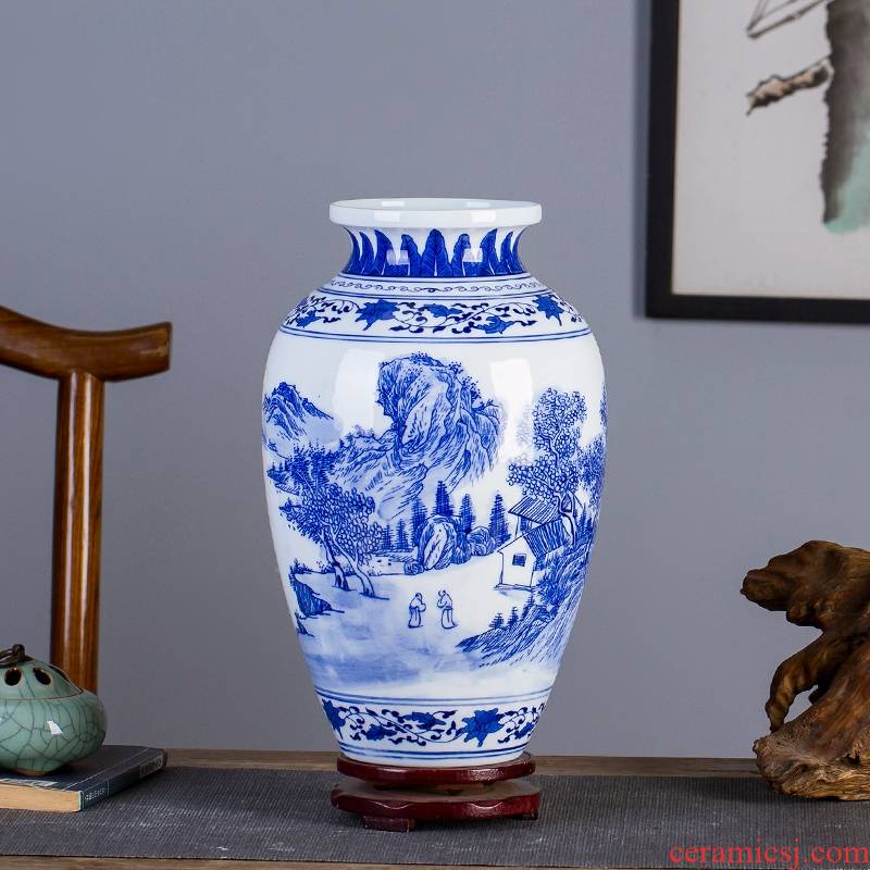Jingdezhen ceramic porcelain hand - made scenery of blue and white porcelain vases, modern Chinese art flower arranging sitting room adornment is placed