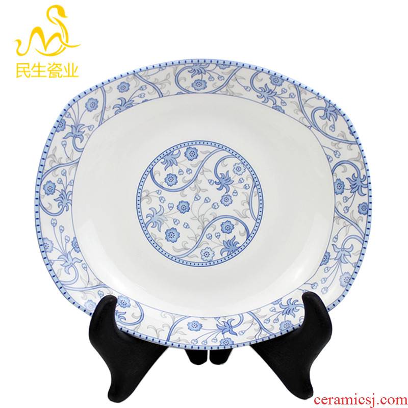 The livelihood of The people to both lotus bloom of ship plate in 9 inches long plate elegant light blue made pottery porcelain tableware glaze