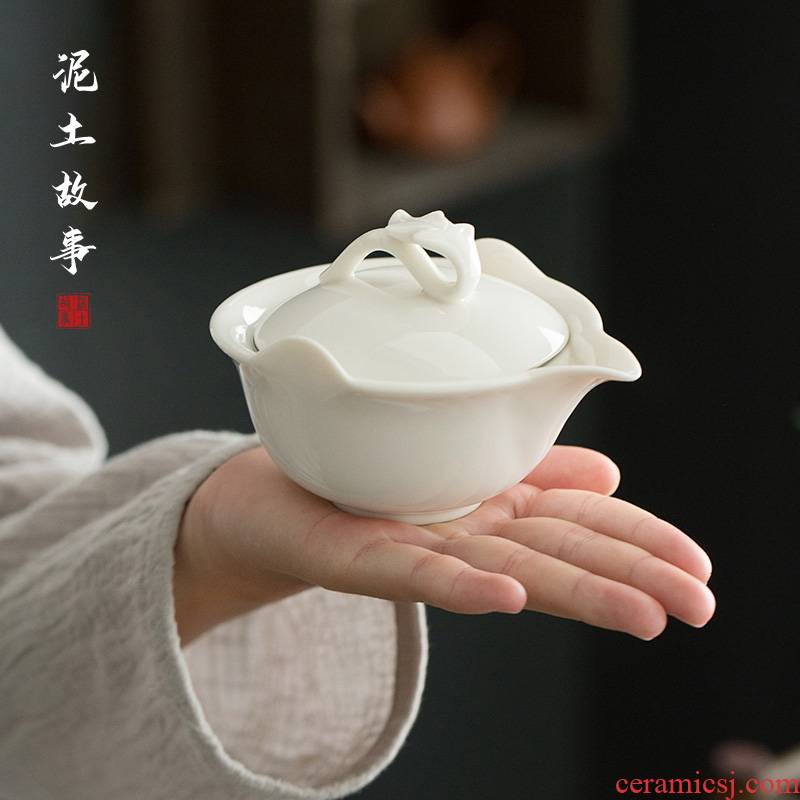 Dehua lard white porcelain hand grasp pot of ceramic kung fu tea tureen filter to use cups with three bowls of household