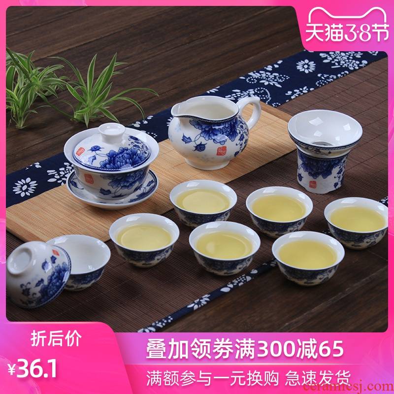 Blue and white porcelain tea set suit household ceramic kung fu tea set of a complete set of dehua white porcelain tea tureen gift cups