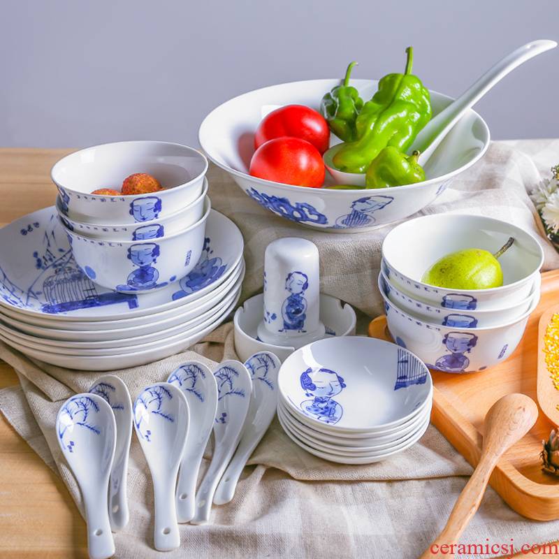 Jade cypress ceramic tableware jingdezhen porcelain bowls Chinese daily gift ipads China tableware suit "blessing figure"