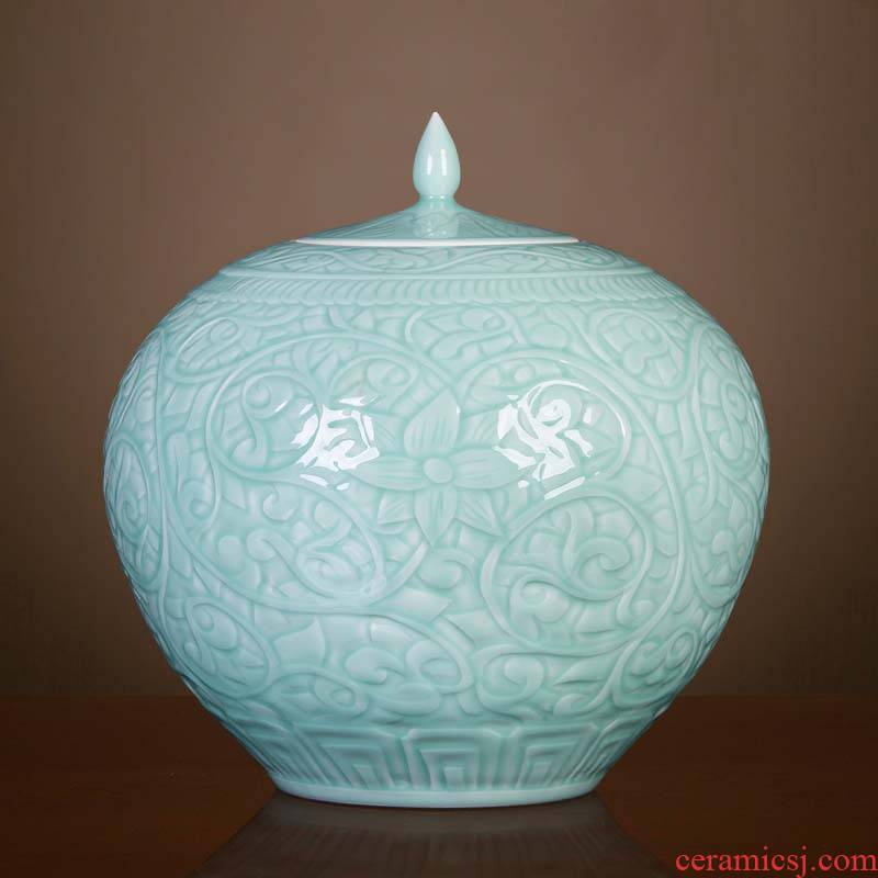 Jingdezhen ceramic antique vase blue glaze carving pomegranate bottles of classical Chinese style living room office furnishing articles ornament